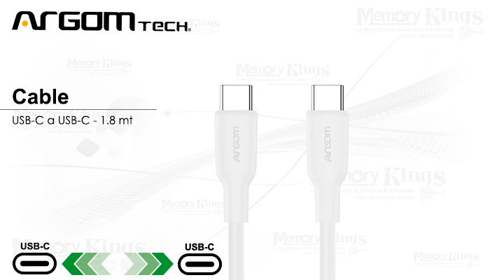 CABLE USB-C A USB-C 1.8mts ARGOMTECH 65W WHITE